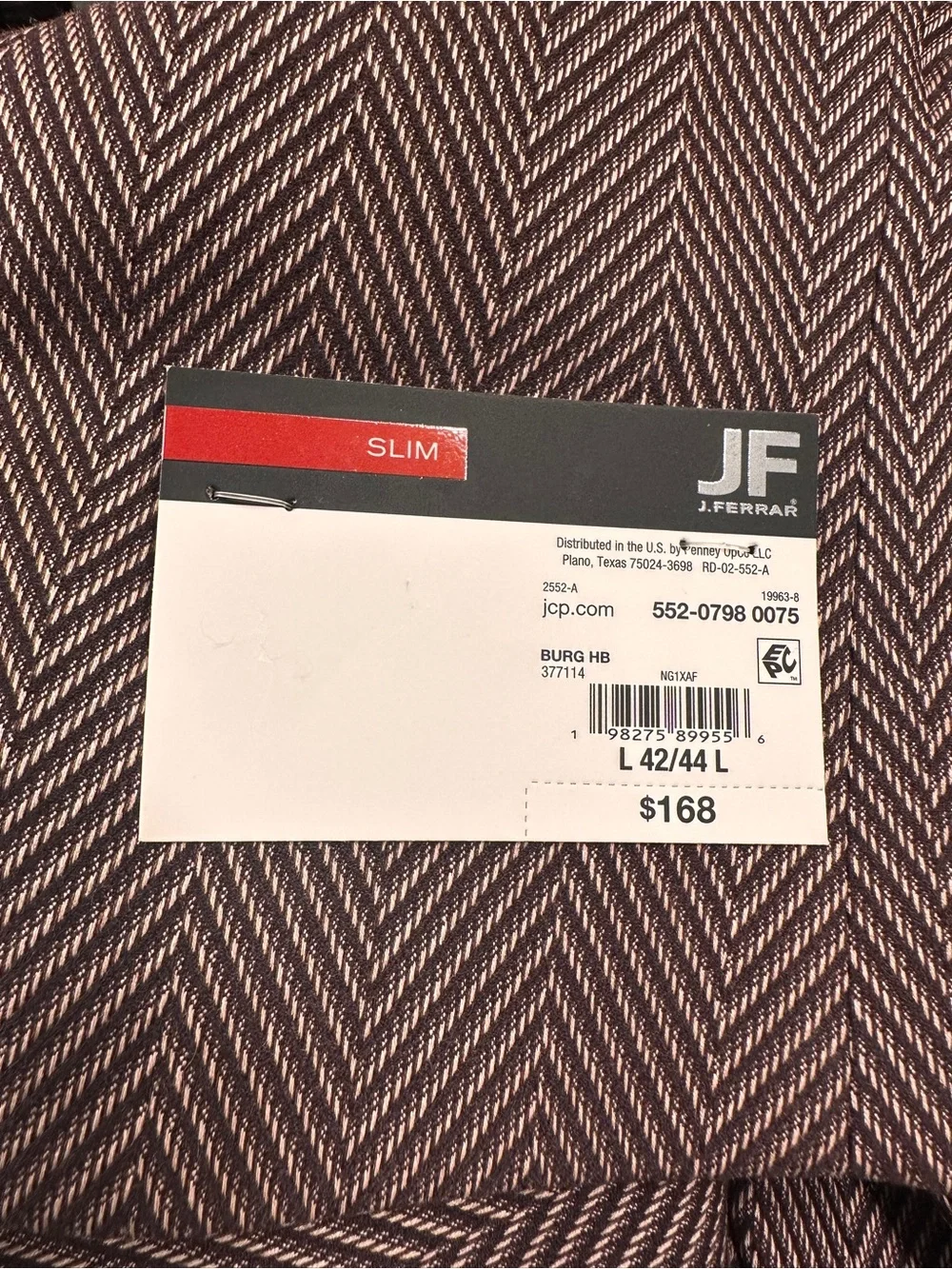 NWT JF Ferrar Blazer Sport Coat Burgundy Herringbone Men’s L (42/44 LONG) $168